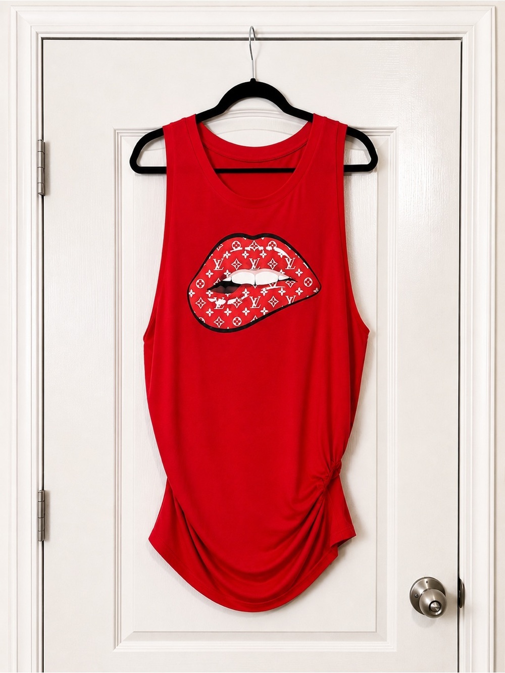 Red Sleeveless Lip-Graphic Tunic Tank or Mini Dress